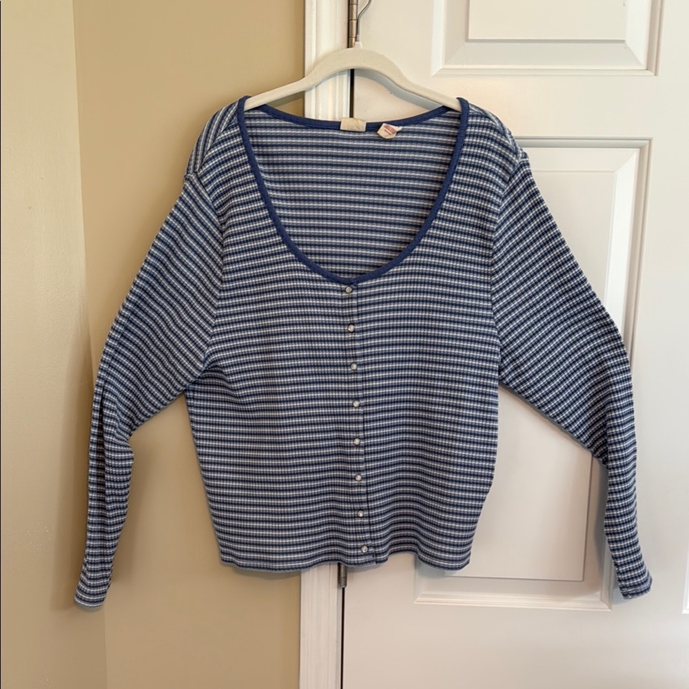 Blue and White Striped snap button up